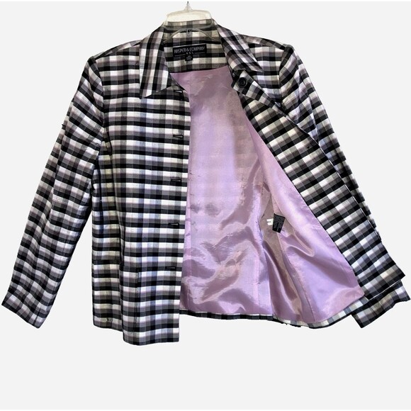 KASPER & COMPANY ASL 10 100% Silk Madras Plaid Lined Classic Black White Jacket - Picture 1 of 7
